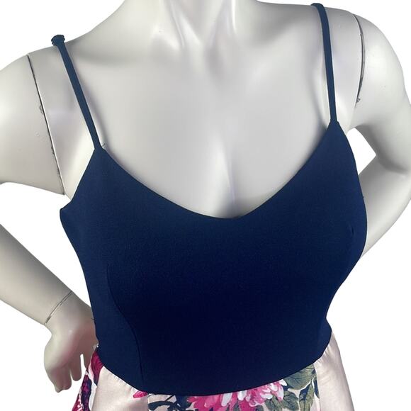 Nights By Teeze Me Strappy Velour Top Floral Bottom Gown Dress Navy Pinks 5/6 - Picture 3 of 16